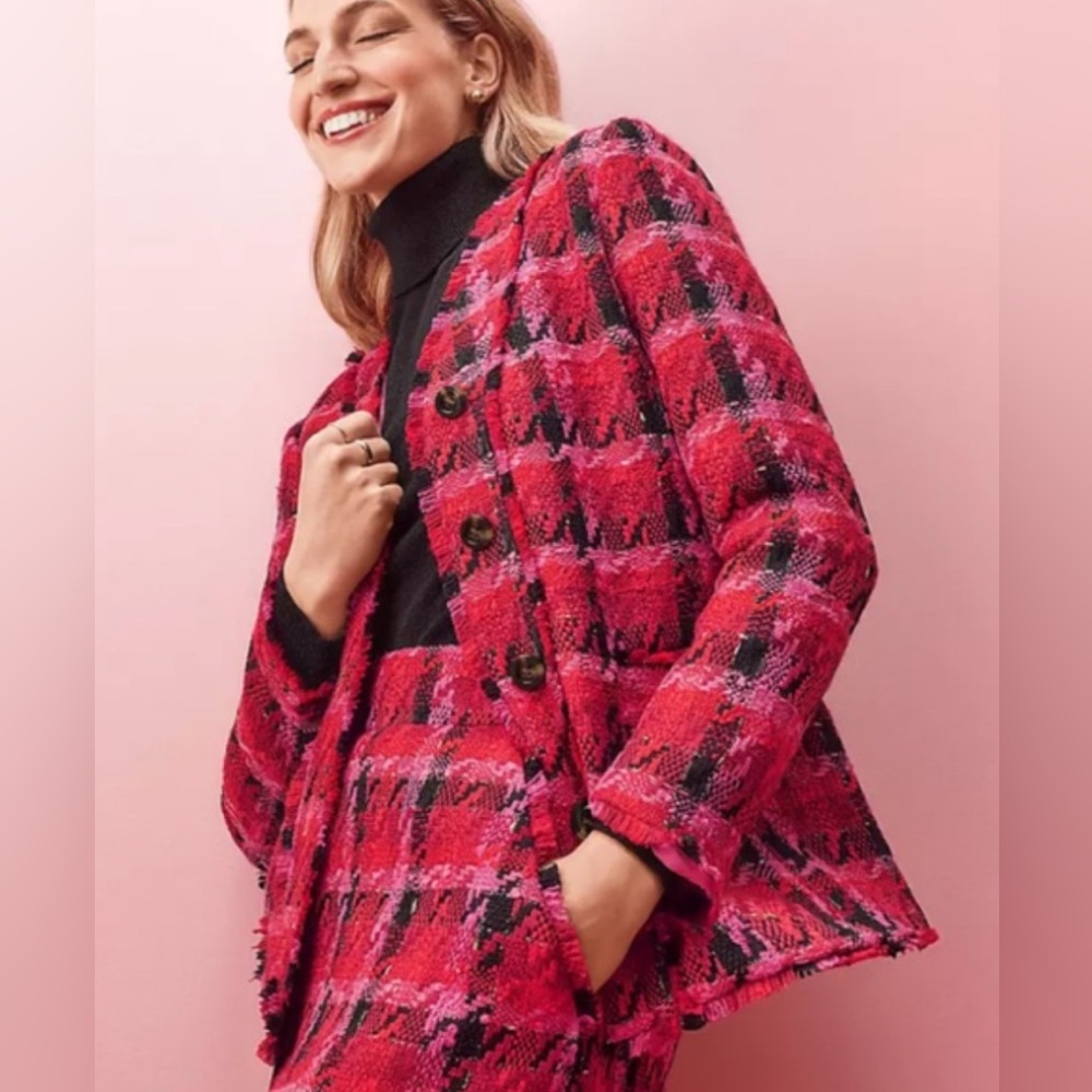 Ann Taylor The Long Cardigan Jacket in Houndstooth Tweed sz 2 pink red blazer
